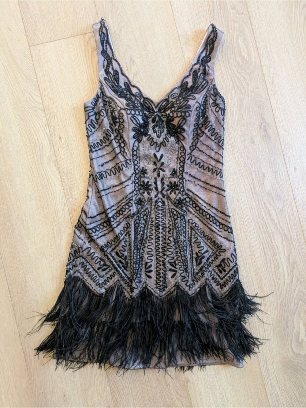 Vintage Y2K Sue Wong Nocturne 0 Black Nude Beaded Feather Dress Ostrich Flapper